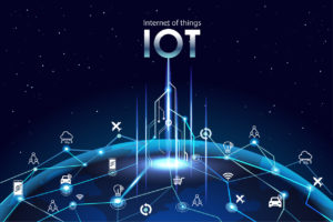 Internet of things (IOT), devices and connectivity concepts on a network, cloud at center. digital circuit board above global Earth.