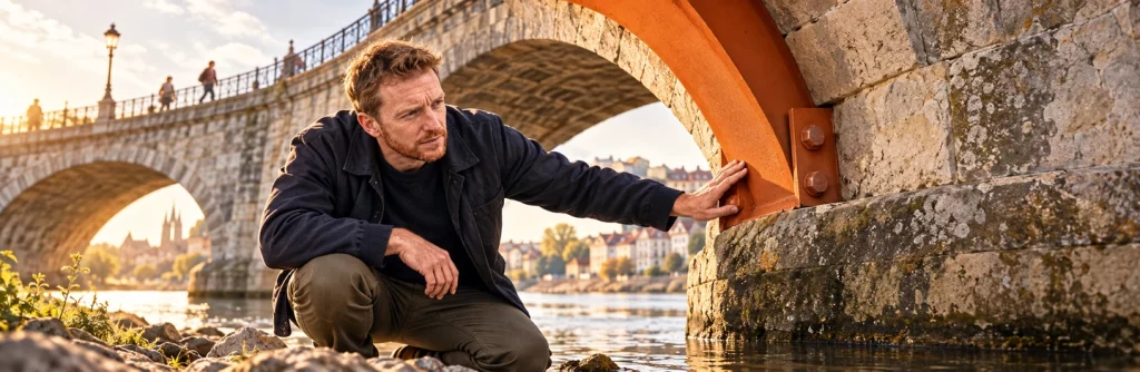David examine le renforcement moderne d’un pont ancien toujours utilisé.