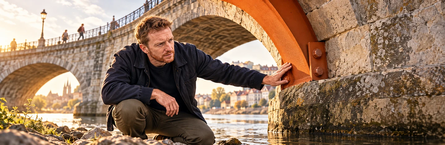 David examine le renforcement moderne d’un pont ancien toujours utilisé.