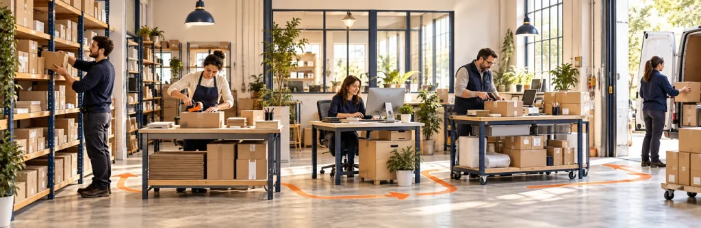 Une équipe organise les échanges entre plusieurs postes spécialisés dans un même environnement de travail.