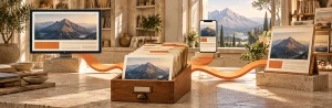 Une même source de contenus alimente un ordinateur, un téléphone et un écran de magasin.