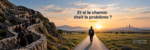 Optimisation des processus : une foule suit un chemin complexe tandis qu’une personne choisit une voie directe