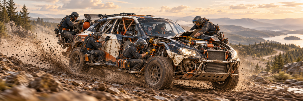Une équipe répare et renforce une voiture de rallye qui poursuit sa course sur un terrain accidenté.
