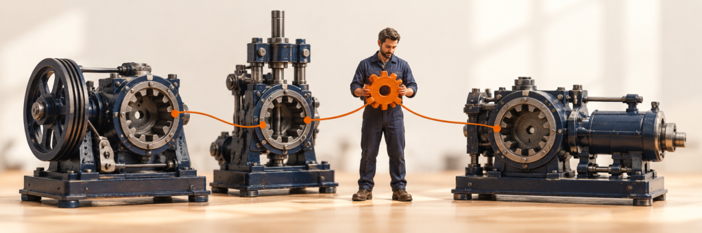 Trois machines attendent un seul engrenage orange, comme plusieurs projets dépendant d’une compétence partagée.
