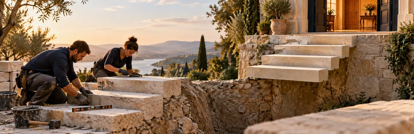 Des artisans construisent un escalier dont les marches manquantes empêchent encore d’atteindre une porte ouverte.
