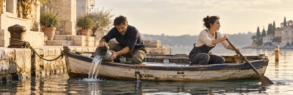 Une personne écope pendant qu’une autre rame dans une barque encore attachée au quai.