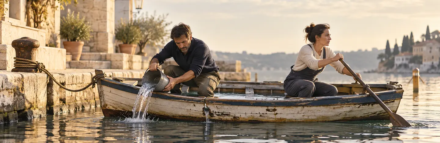 Une personne écope pendant qu’une autre rame dans une barque encore attachée au quai.