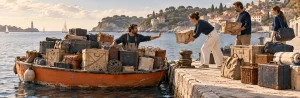 Un bateau déjà chargé reçoit encore des propositions de bagages, métaphore d’un portefeuille dépassant sa capacité.