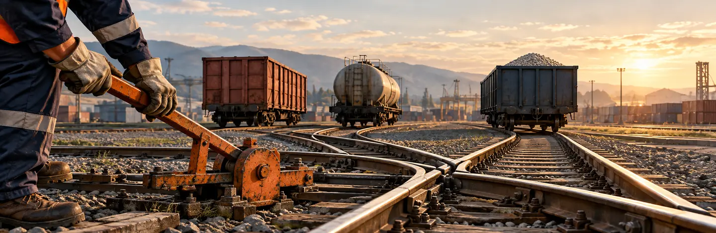 Un opérateur actionne un aiguillage devant plusieurs wagons en attente.