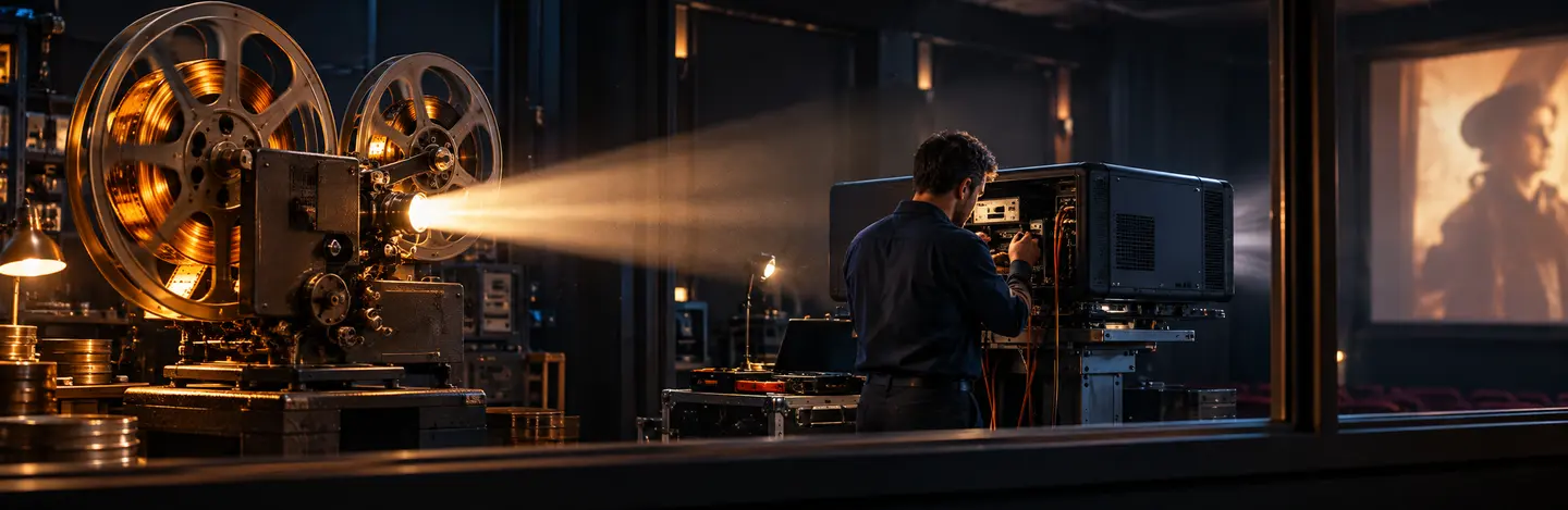 Un ancien projecteur assure encore la séance pendant qu’un technicien installe son remplaçant.
