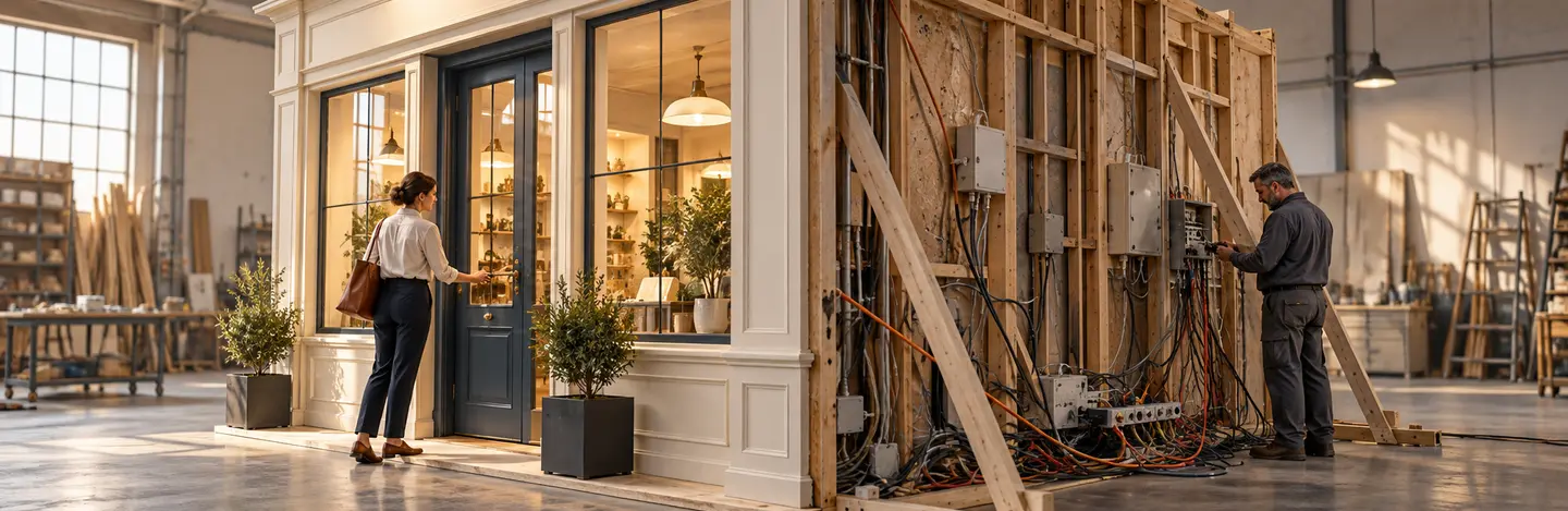 Une façade prête à accueillir des clients cache des supports provisoires et des raccordements inachevés.